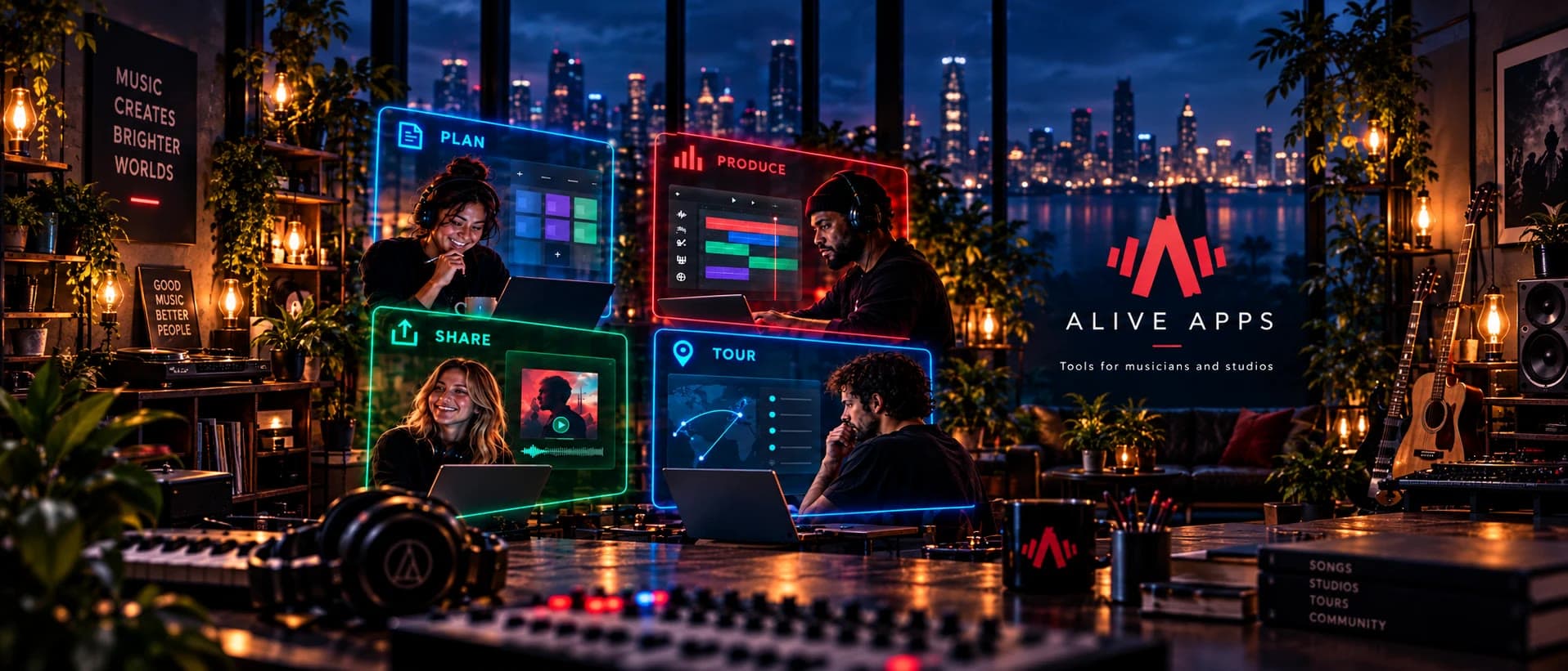 Alive Apps — four musicians in a studio at night, each at a glowing screen: plan, produce, share, tour